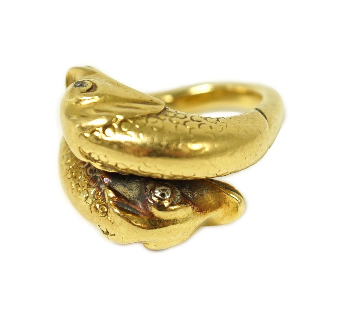 A yellow metal, sapphire an diamond set four stone dress ring, size L, gross 3.4 grams.